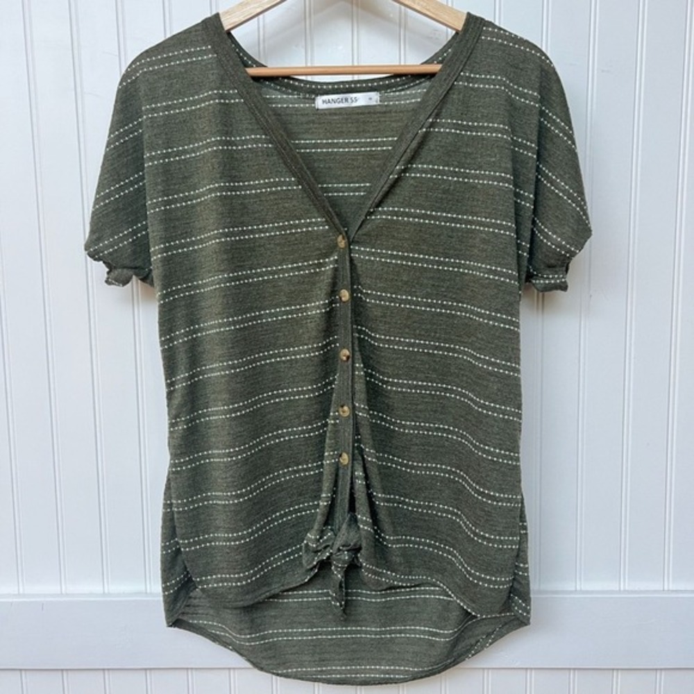 Hanger 55 Top Earthy Green Granola Girl Stripe Short Sleeve Tie‎ Soft Women's S